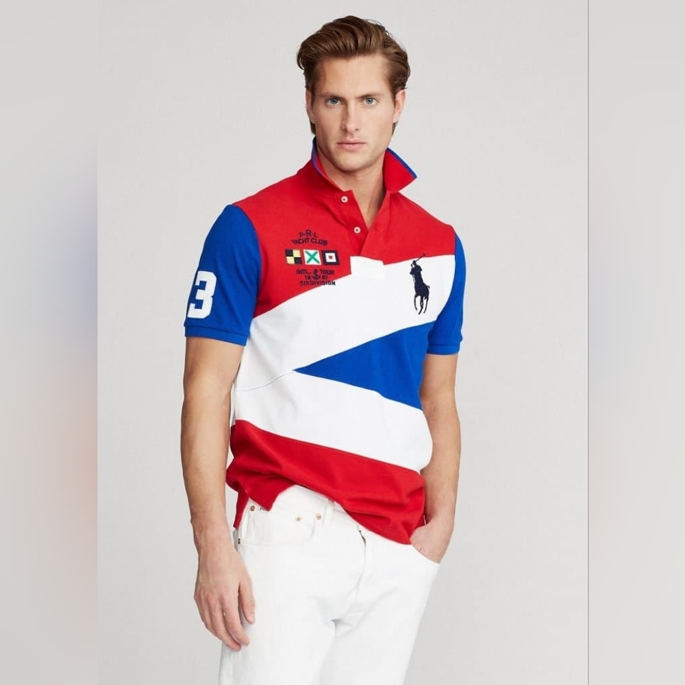 Polo by Ralph Lauren Men's Red, Blue, and White Polo Shirt